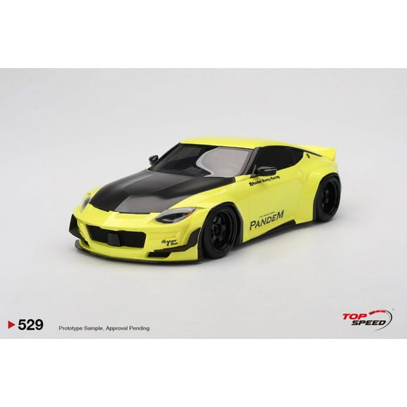 Nissan Z (RZ34) "Pandem" Ikazuchi Jaune avec Capot Noir Mat 1/18 Modèle de Voiture par Top Speed