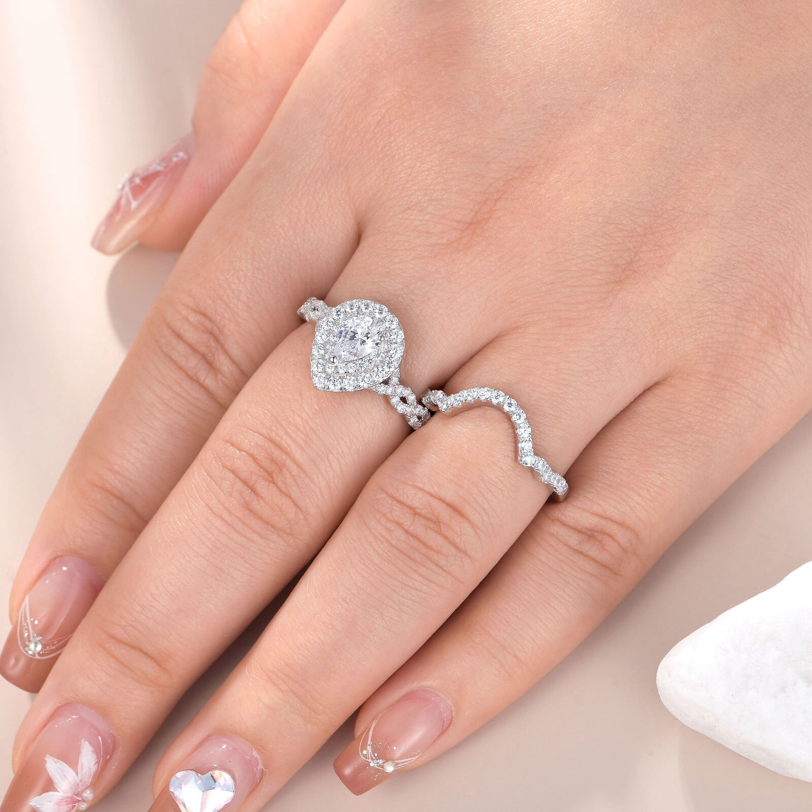 Bluebell Jewels Newshe Wedding Bridal Set Engagement Rings for Women Sterling Silver Pear Cut CZ
