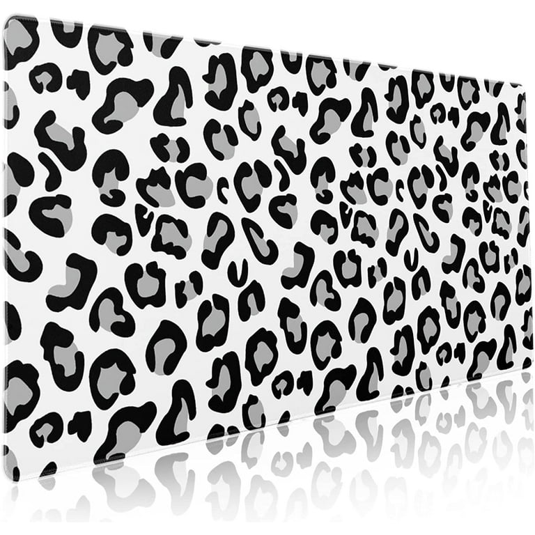 White Leopard Print Gaming Mouse Pad XXL Cute Grey Cheetah Texture Extended  Big Large Desk Mat Non-Slip Rubber Base Stitched Edge Long Keyboard
