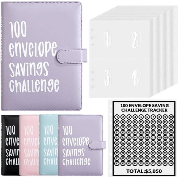 Wattne 100 Envelopes Money Saving Challenge, Savings Challenges Book with Envelopes & Challenge Tracker, Motivational Process to Save $5050, Money Saving Binder 100 Pocket Pre-numbered, Purple