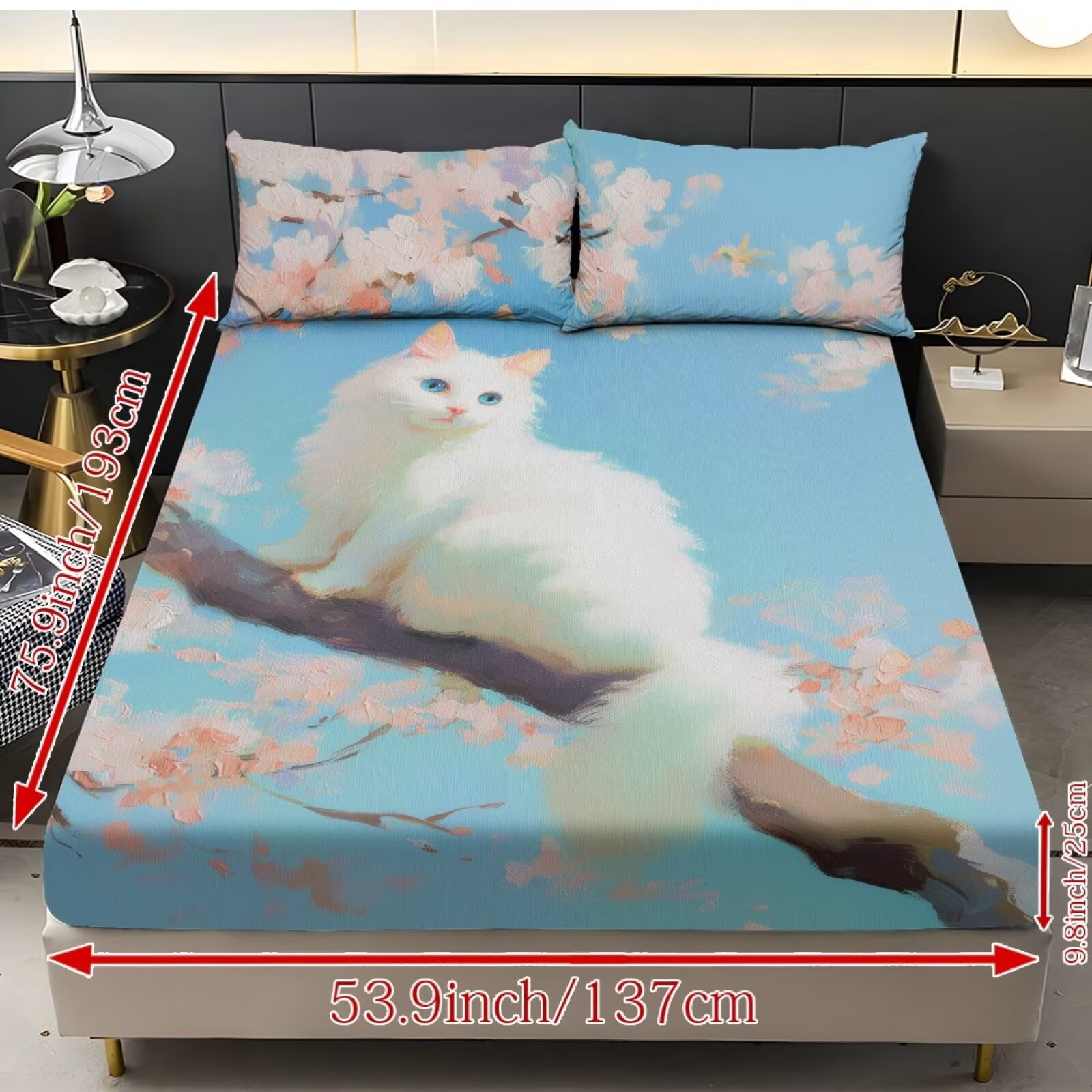 ZIATUBLES 3 PCS Twin Size Sheets Set, 1 Fitted Sheet with 2 Pillowcases, 9.8" Standard Pocket Chic Bed Sheets Set, Soft Cozy Bedding Bedroom Decor, Cherry Blossom White Cat Print