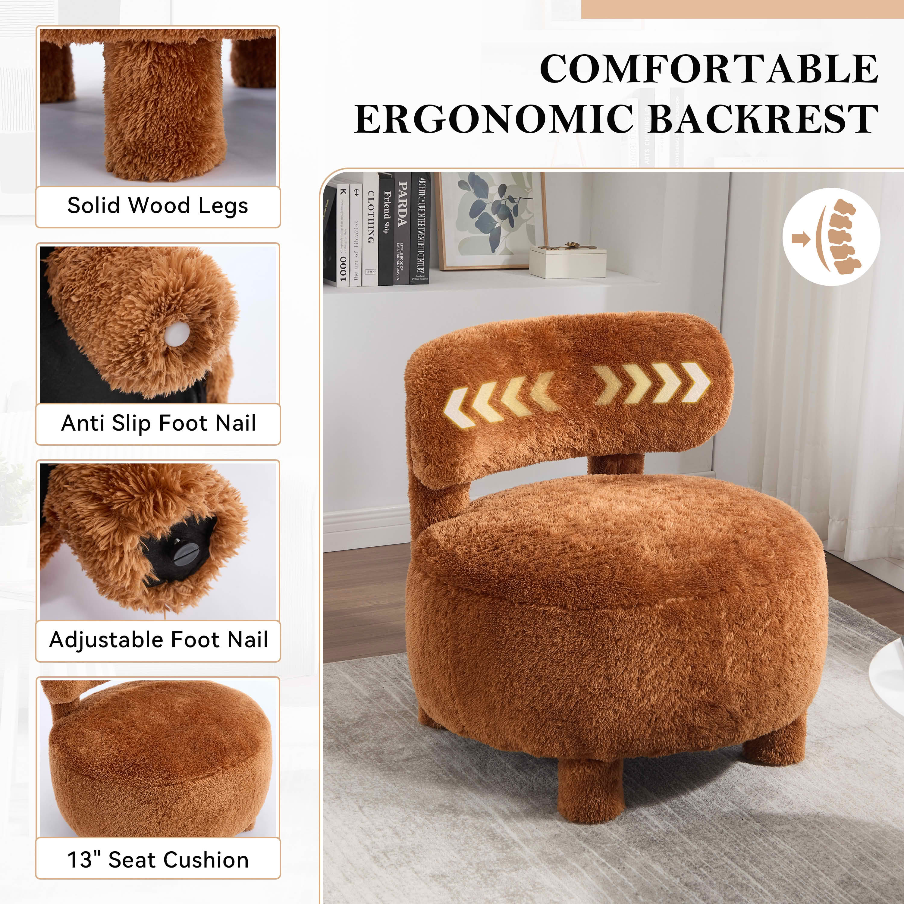 MAYEERTY Fur Fabric Armless Accent Chair, Curved Backrest & Solid Wooden Legs Upholstered Slipper Side Chair, for Living Space, Bedroom, Vanity & Reading Room, Khaki