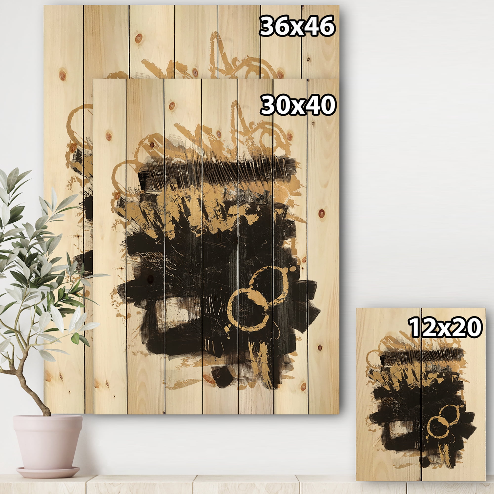 Designart 'Black and Gold drift II' Glam Modern Print on Natural Pine Wood
