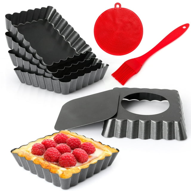 Mini Tart Pans Square 4 Inch 6Pcs with Removable Bottom, Nonstick Quiche Pan Mini Pie Pans with Oil Brush&Silicone Scrubber, Tart Pan with Fluted Side, Quiche Bakeware for Oven