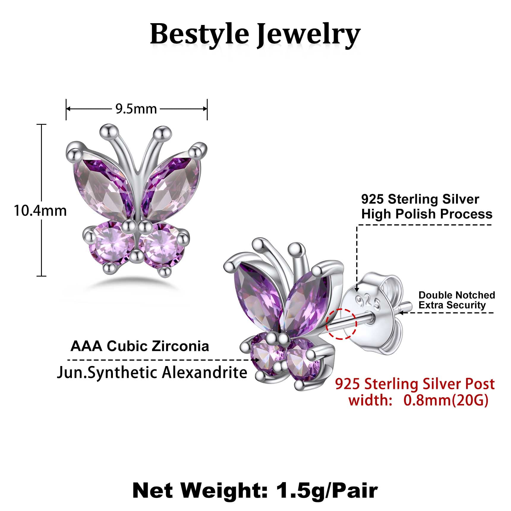 Bestyle Butterfly Earrings Cute Pure 925 Sterling Silver Stud Earrings June Synthetic Alexandrite Birthstone Birthday Graduation Gifts for Women