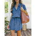thumbnail image 5 of Women Denim Dress Summer Short Sleeve Button Down Tie Waist Casual Jean Shirt Short Dresses, 5 of 6