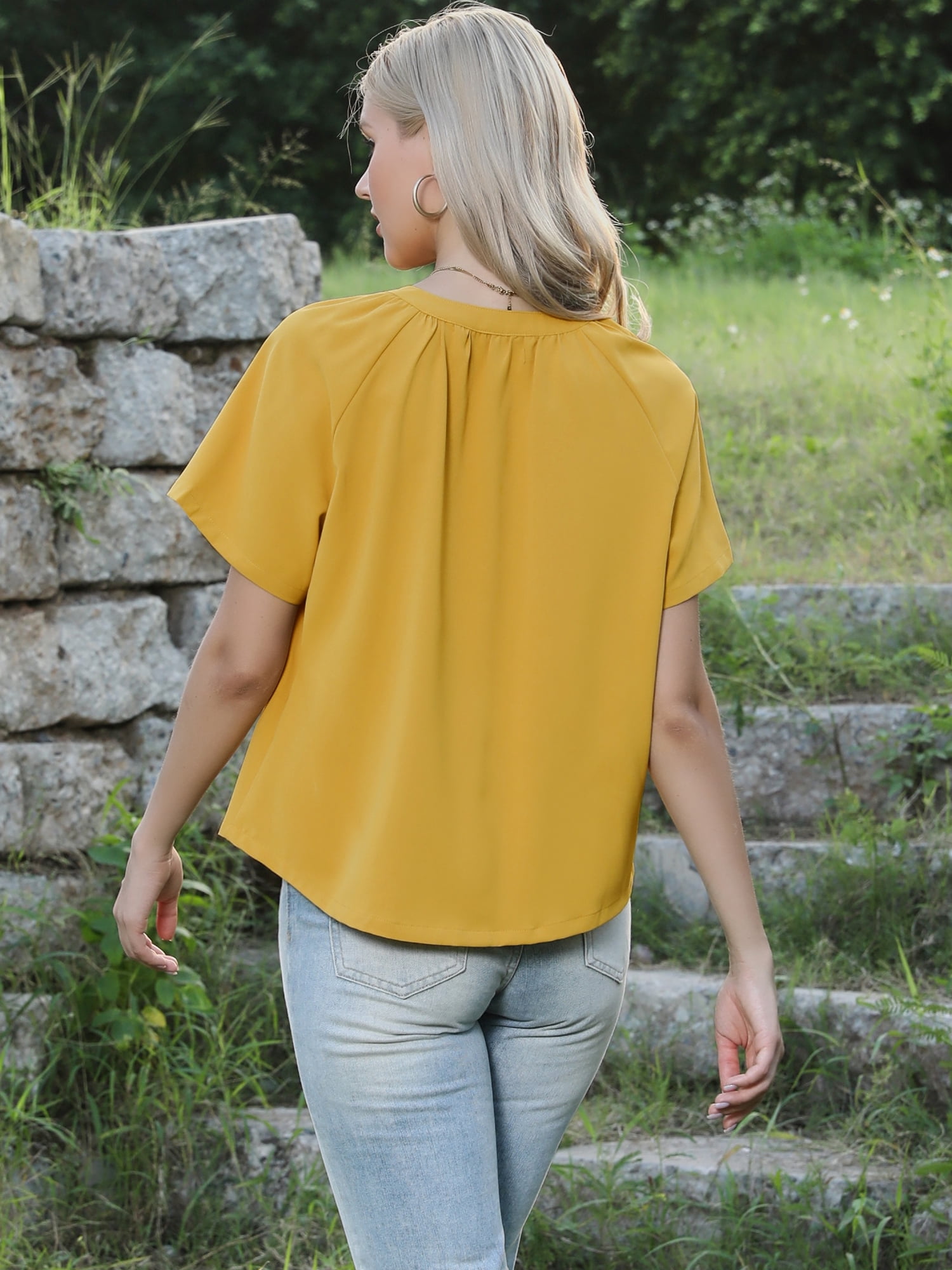 DARING DIVA Women's Button Down Short Sleeve Ruched Neck Summer Shirts S Yellow