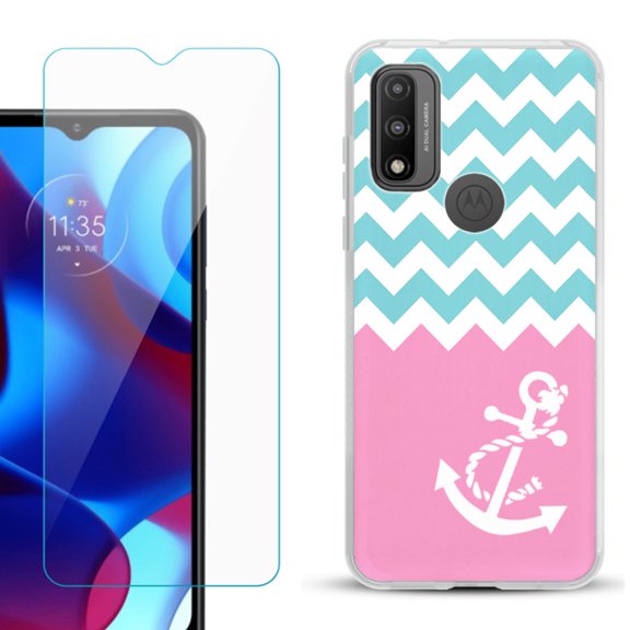 Slim-Fit Gel TPU Phone Case for Motorola Moto G Pure, with Tempered Glass Screen Protector, by OneToughShield ® - Chevron/Anchor