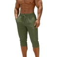 thumbnail image 5 of Men's Cotton Linen Capri Pants Elastic Drawstring Waist Button Hem Long Short with Pockets, Summer Vacation Casual Beach Shorts, 5 of 9