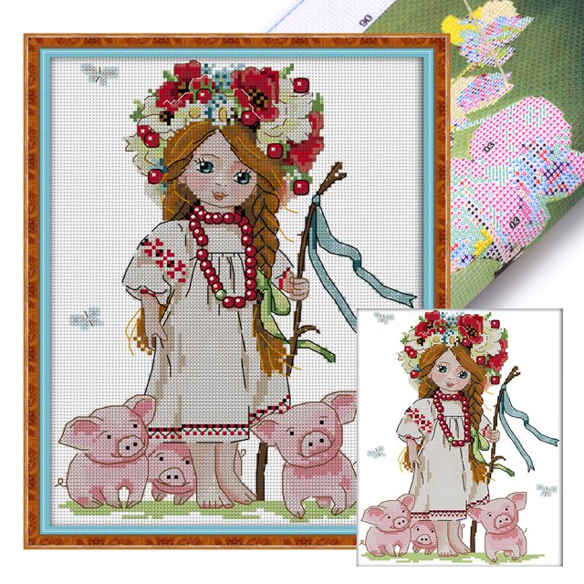 Kit de punto de cruz con estampado de niña y cerdito, hilo de bordar de algodón ecológico de 14 quilates, 26x31cm