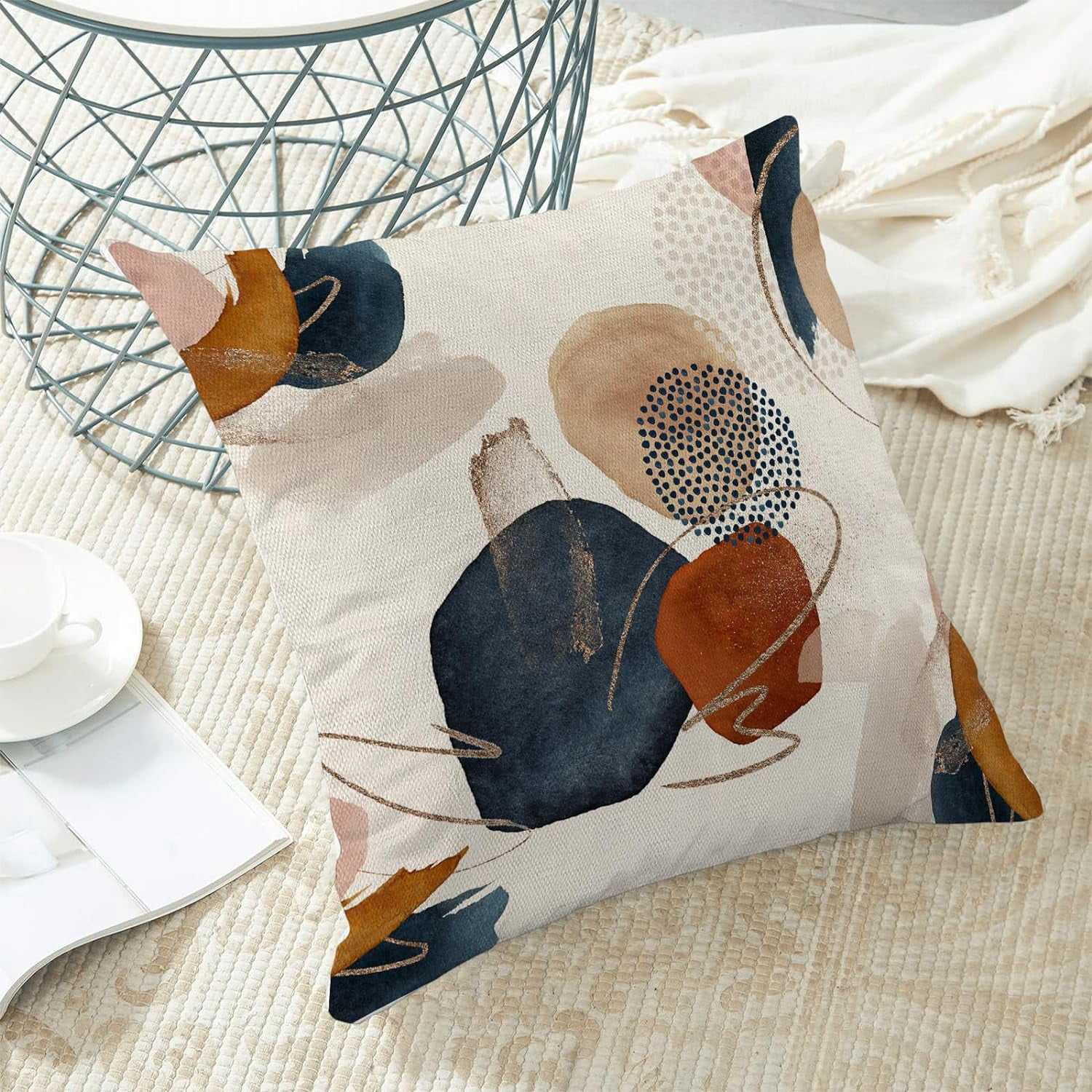 Mid Century Boho Pillow Covers 18x18 Set of 2, Abstract Navy Blue Burnt Orange Outdoor Throw Pillow Covers Geometric Minimalist Decor Cushion Case for Couch Sofa Home