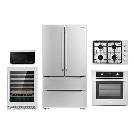 5 Piece Kitchen Package With 30  Gas Cooktop 30  Wall Mount Range Hood 24  Single Electric Wall Oven 30  Over-The-Range Microwave & French Door Refrigerator