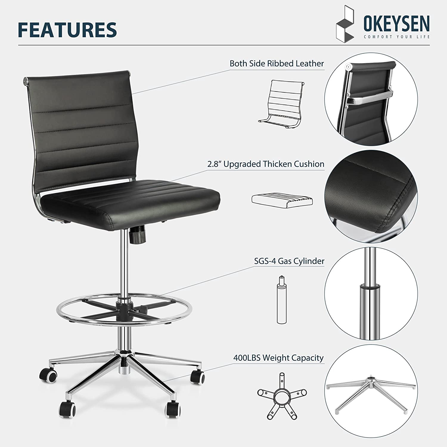 Drafting Chair Armless Desk Stool, 400 LBS Ergonomic Leather Tall Office Chair with Adjustable Foot Ring, Modern Standing Desk Chair with Ribbed Mid Back, Swivel Rolling Drafting Stool.