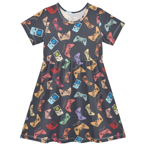 joogoo Retro Game Controller Girls' Short Sleeve Dress Kids Dresses 4T