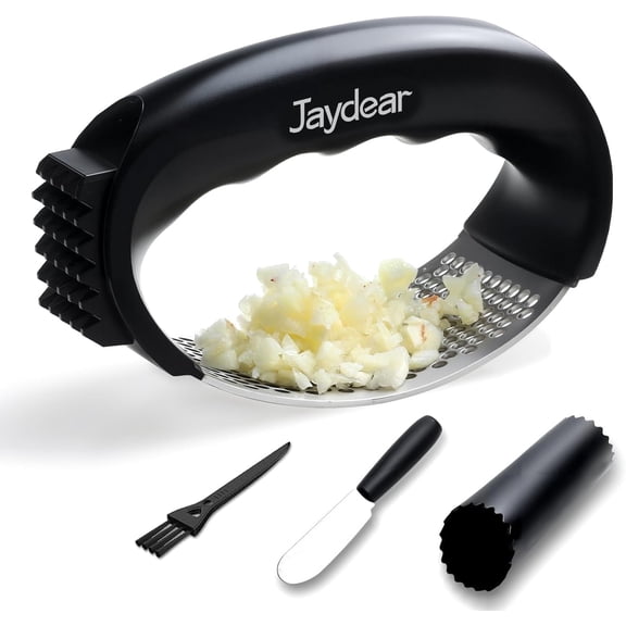 Jaydear Garlic Press Rocker Stainless Steel Garlic Crusher, Mincer and Chopper with Peeler