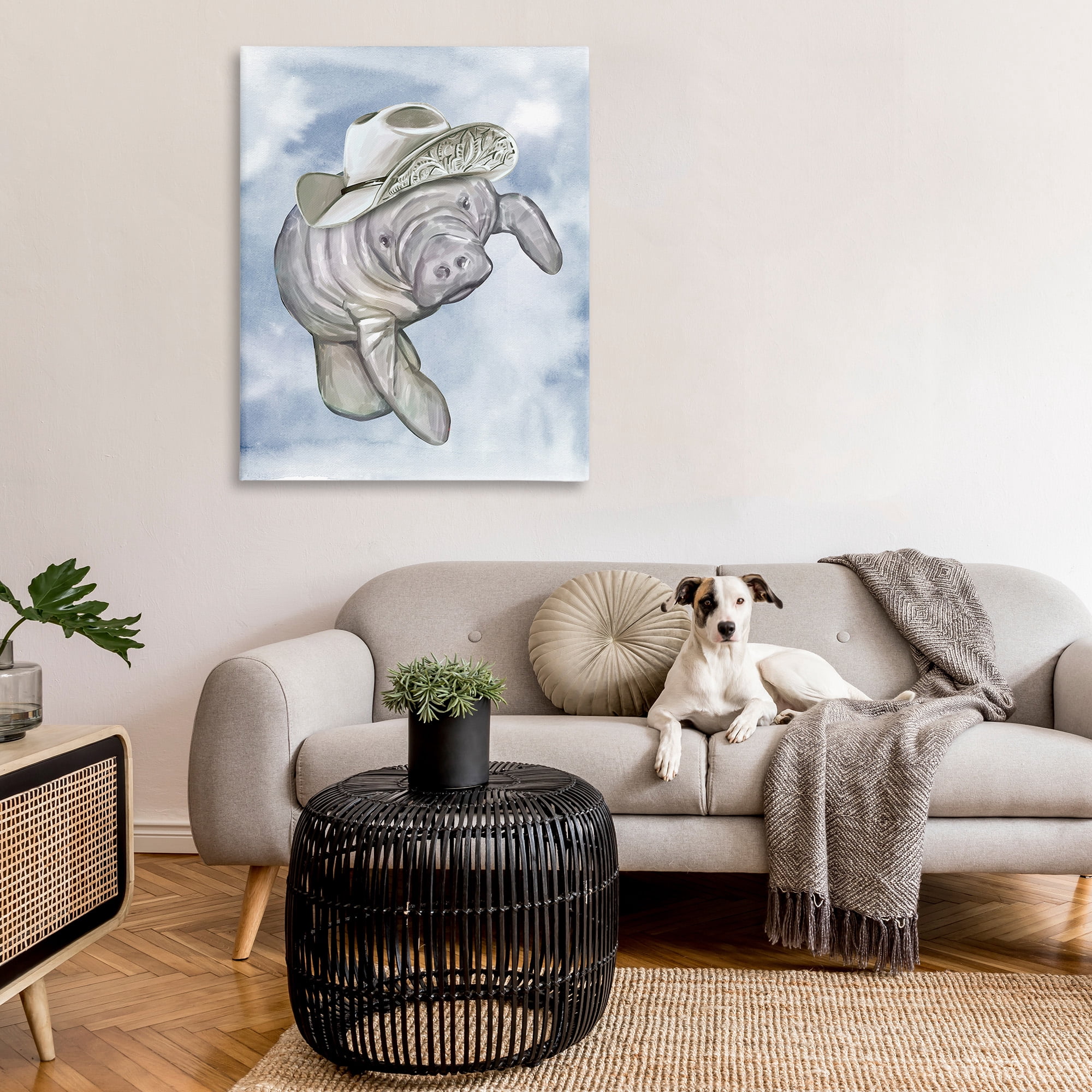 Stupell Industries Manatee with Stylish Hat Animals & Insects Painting Gallery Wrapped Canvas Art Print Wall Art, 36 x 48