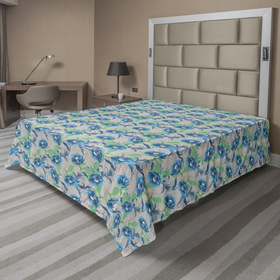 Floral Flat Sheet, Vintage Toned Garden Bouquets Flowering Leaves Meadow Blossoms Motif, Soft Comfortable Top Sheet Decorative Bedding 1 Piece, 6 Sizes, Green Sky Blue Pale Sepia, by Ambesonne