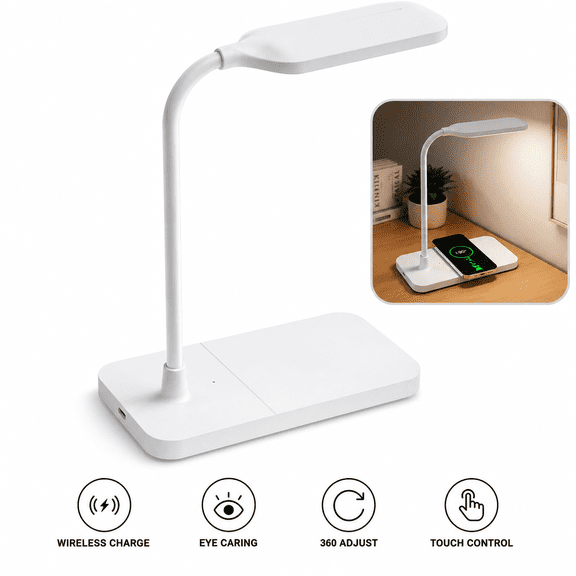 LED Desk Lamp with 15W Wireless Charger, Dimmable Eye-Caring Study Lamp, 360° Adjustable Gooseneck for Home Office
