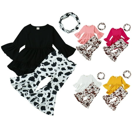 

URMAGIC Toddler Baby Girl Clothes Long Sleeve Cow Print Outfit T-Shirt + Flare Pants Bell-Bottom Tie Dye Leggings Set 9M-4T