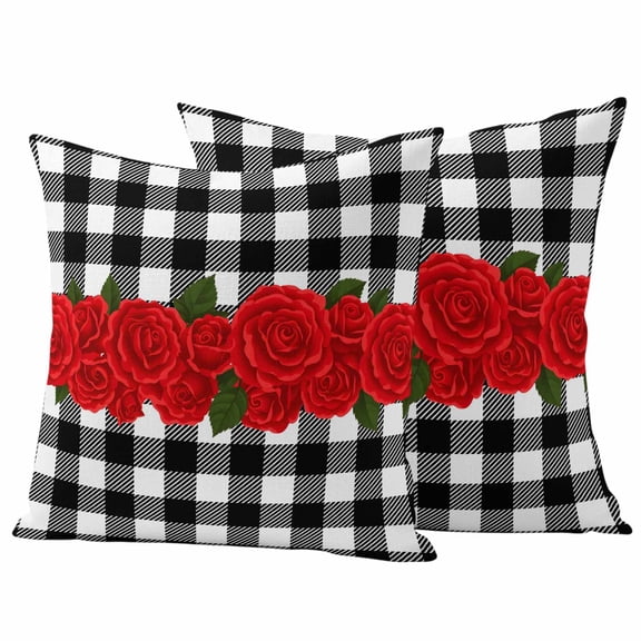 Valentine's Day Outdoor Waterproof Pillow Covers, Red Rose Flowers Buffalo Plaid Romantic Decorative Square Throw Pillowcase Sofa Cushion Sham for Patio/Couch/Chair, 26"x26" 2 Pack