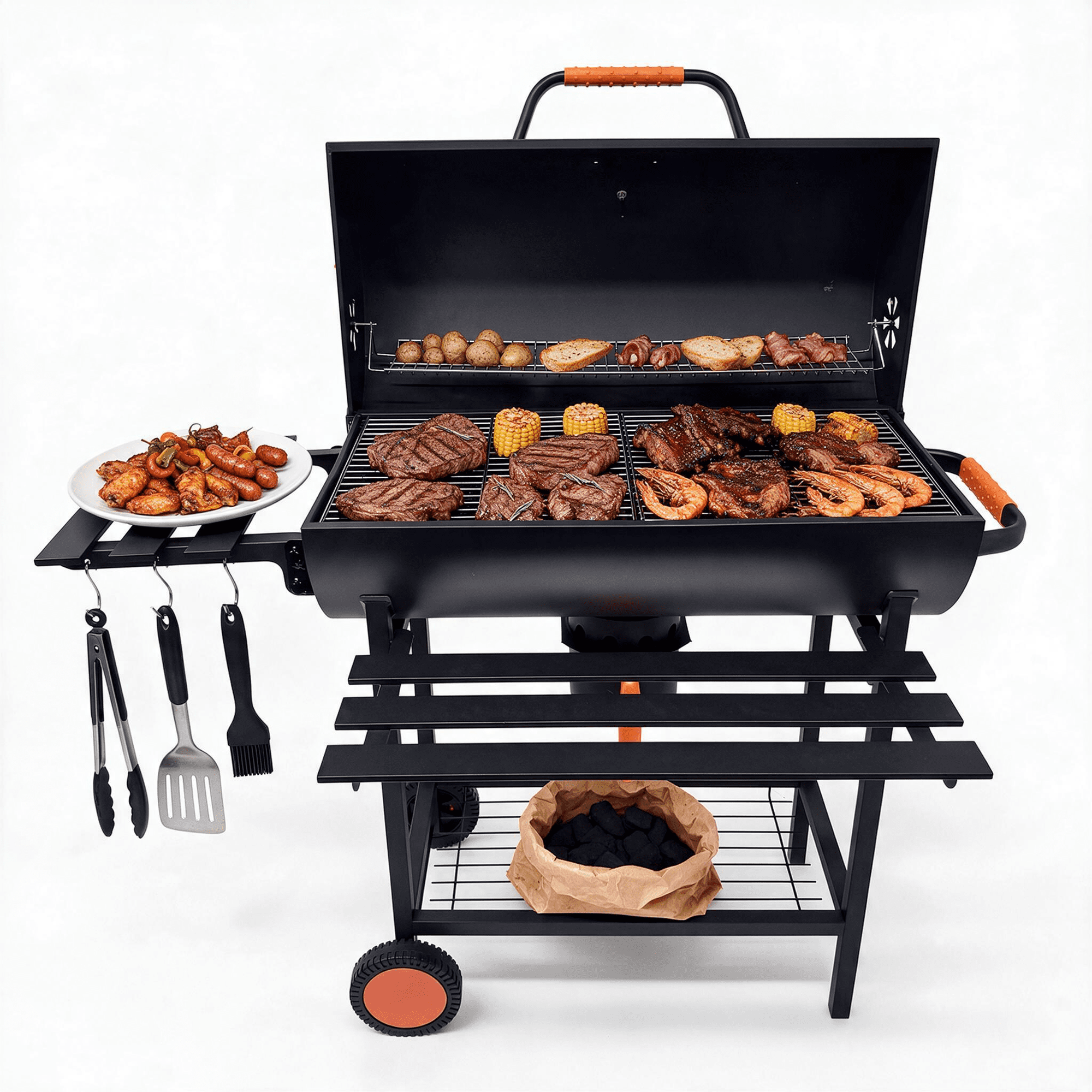 KEYO GRILL Barrel Charcoal Grill with 537 SQ in Cooking Area, Foldable Side Shelf, Removable Ash Pan for Backyard,Black