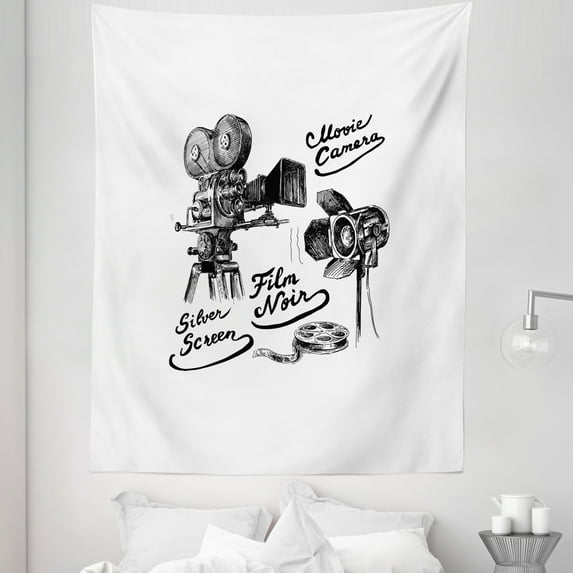 Movie Theater Tapestry, Cinematography Themed Art with Old Camera and Equipment Vintage, Fabric Wall Hanging Decor for Bedroom Living Room Dorm, 5 Sizes, Black White, by Ambesonne