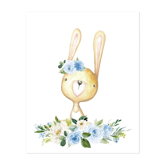 Baby Bunny, Forest Animals, Woodland Animals, Boho, Blue Flowers, Boy Nursery - Illustration Watercolor Floral Animal Whimsical Garden Botanical Unframed Wall Art Print 6 x 8 inches