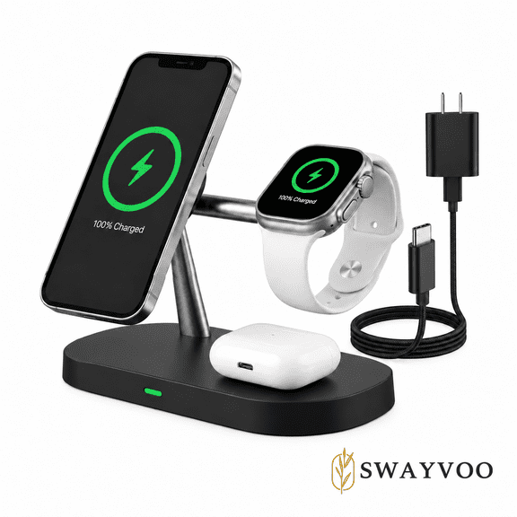 Swayvoo 3-in-1 Wireless Charging Station, Up to 15W Fast Wireless Charger for Compatible iPhone, Apple Watch and AirPods, Magnetic Phone Stand Black