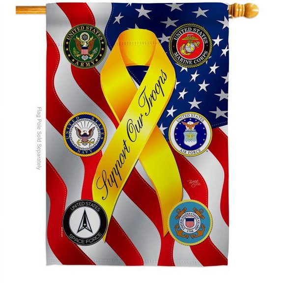 Breeze Decor H108664-BO 28 x 40 in. Support All Military Troops House Flag with Armed Forces Service Double-Sided Decorative Vertical Flags Decoration Banner Garden Yard Gift