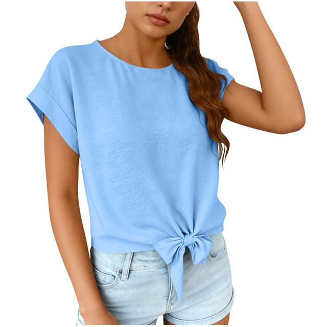 Ymauqau T-Shirts pour Femmes Manches Courtes Roulées Col Rond Nœud devant Crop Tops Tendance Décontracté T-Shirts Coupe Ample Blouses