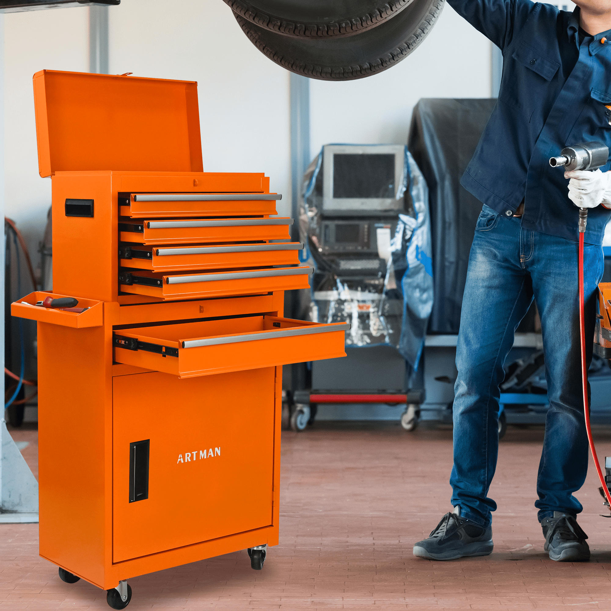 Tool Box, Seizeen Rolling Tool Chest, Stainless Steel Tool Box with Brake Wheels and 4 Drawers, Detachable Tool Cart, Orange