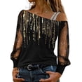 thumbnail image 1 of VSNOW Women Sheer Long Sleeve Tops One Shoulder Printed Blouse Loose Shirt, 1 of 4