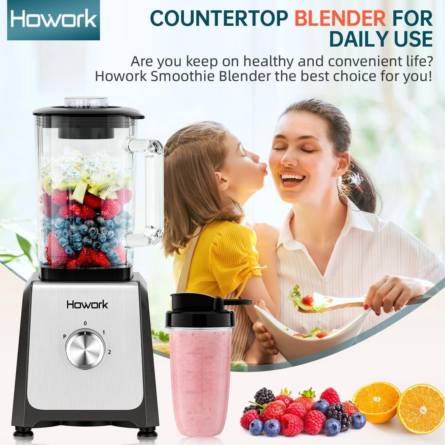 Personal Blender for Smoothies, 750W Motor with 56oz Glass Jar and 16oz Cups, 2-Speed Settings for Frozen Drinks & Ice Cream, Grey