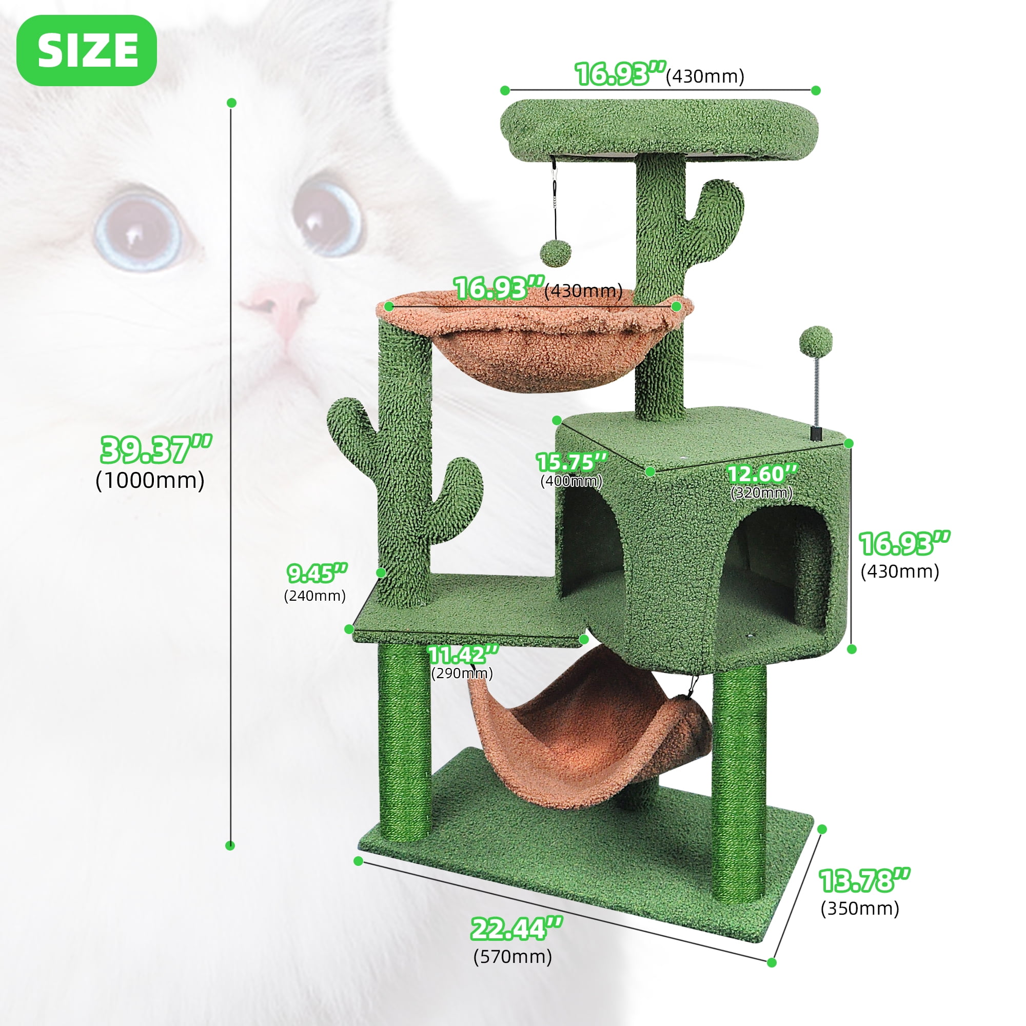 AIWIKIDE 39.37 inch Cactus Cat Tree Tower with Condo and Big Hammock for Indoor Small Cats, Green