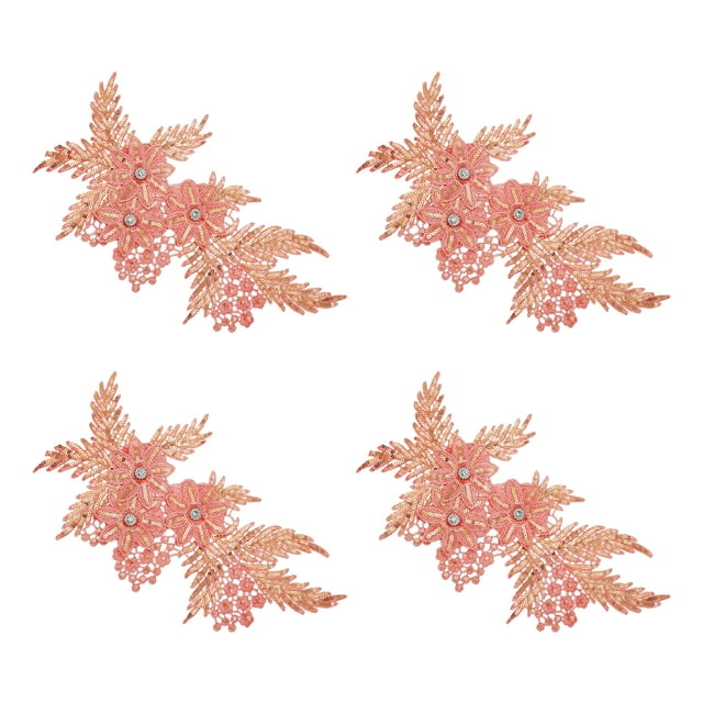 Uxcell 4 Pcs(2 Pairs) Aplique de Lentejuelas de Flor con Perlas de Rhinestone, Parche de Bordado 3D para Adiciones de Costura en Decoraciones de Manualidades para Vestidos de Novia, Rosa Oscuro