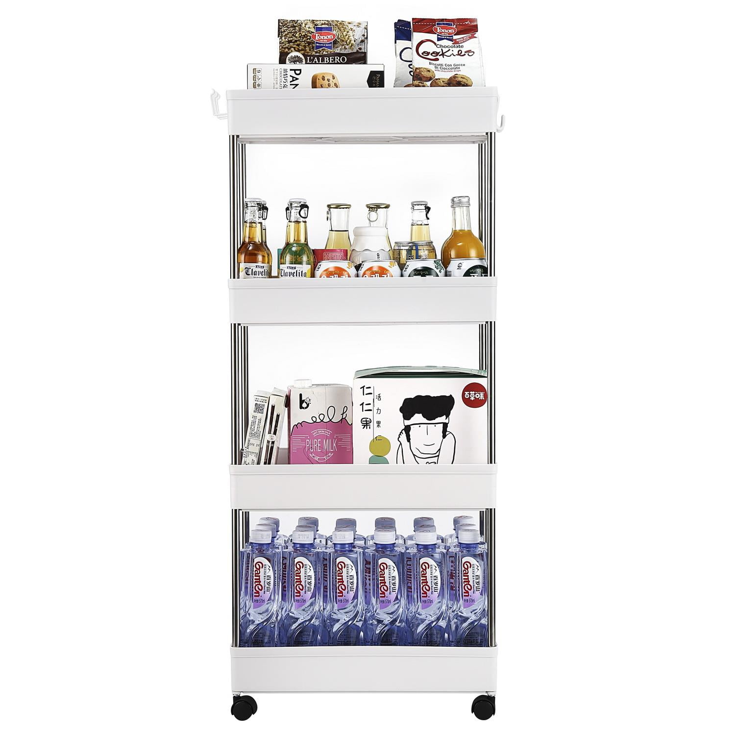 SamyoHome 4-Shelf Plastic Slim Utility Rolling Cart with Wheels for Kitchen Laundry Pantry Storage, White