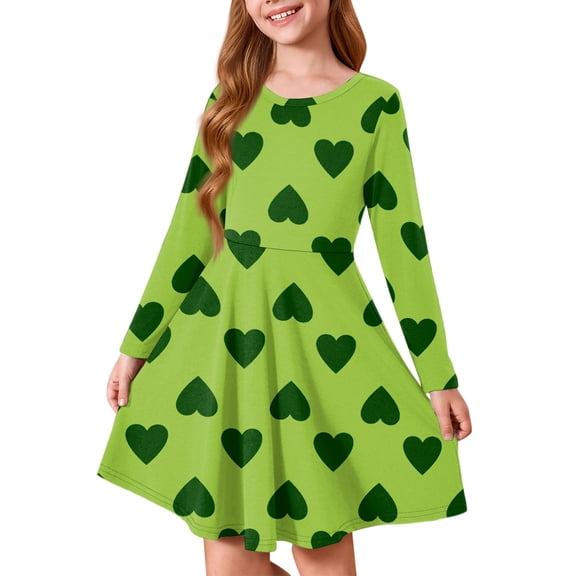 Abcomgle Valentines Dress for Kids Girls Cute A-Line Long Sleeve T Shirt Dresses for Girls Funny Love Heart Dress Outfits Crewneck Holiday Swing Dress Clothes for Girls,