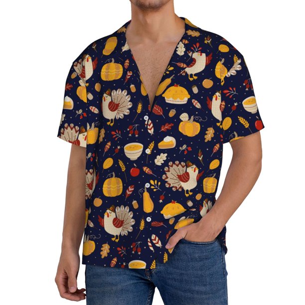Balery Turkey And Autumn Camisa Casual de Manga Corta con Botones para Hombre, Texturizada, Estilo Cubano, para Playa, Verano-3X-Large