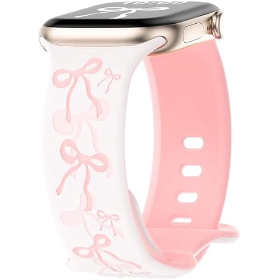 Engraved Bow Band Compatible for Apple Watch Bands for Women 40mm 42mm 41mm 38mm 44mm 45mm 46mm 49mm, Cute Silicone Inlay Dressy Pink Ribbon Strap for iWatch Series 11 10 9 8 7 6 5 4 3 SE Ultra