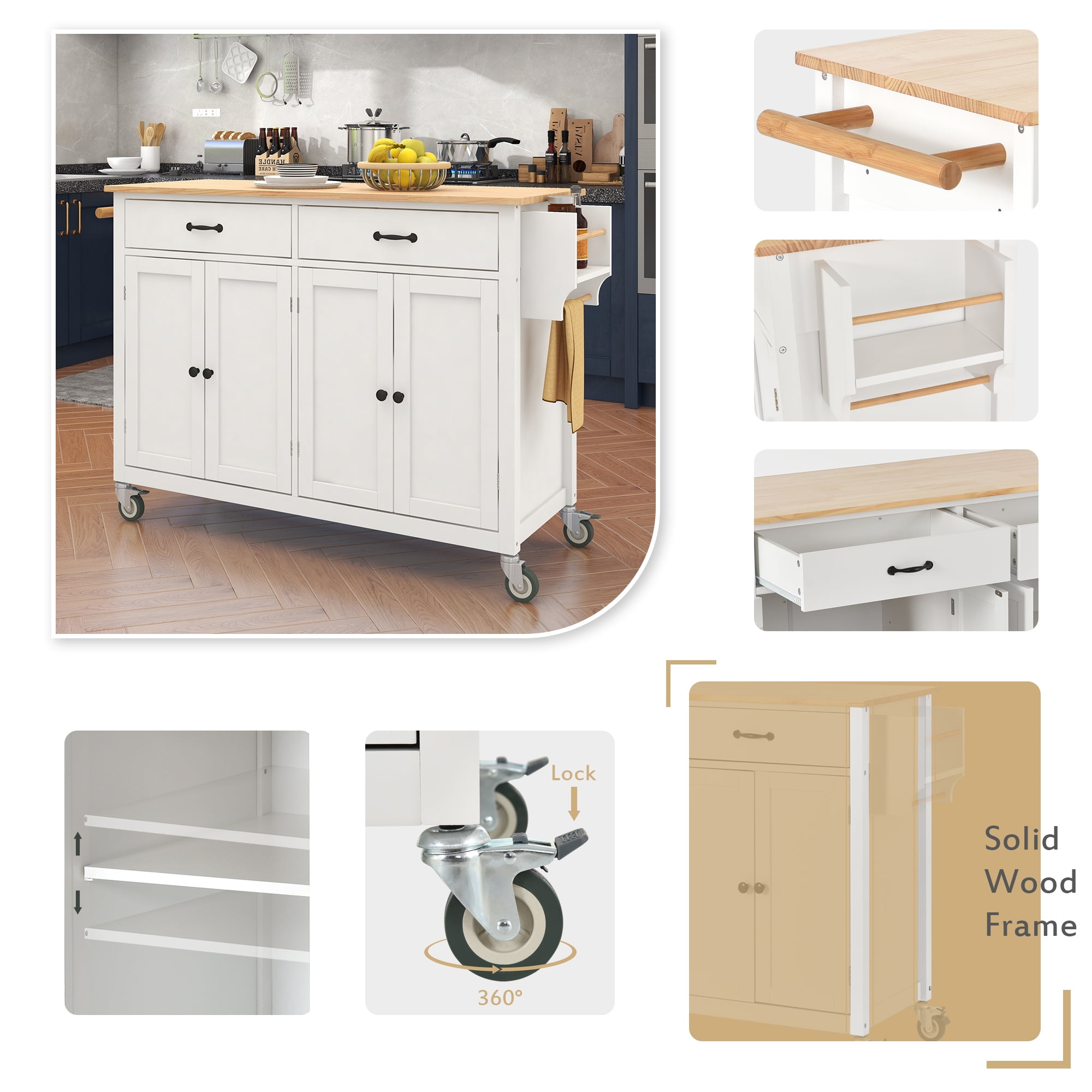 DEALTOPS 54.3" Kitchen Island Cart on Wheels, Kitchen Islands with Storage 4 Door Cabinet & Adjustable Shelves &Towel rack & 2 Drawers Storage Solid wood top-White