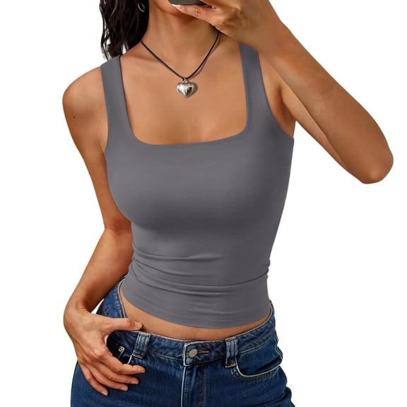 Lumtrix Double Lined Tank Tops For Women Summer Square Neck Sleeveless Basic Summer Going Out Top Gray S