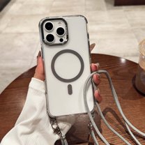 Clear Case for iPhone 16 6.1" with Shoulder Strap, Magnetic Cover Compatible with Mag-Safe Charging Slim Transparent Hard PC Protective Phone Cover for iPhone 16, Gray