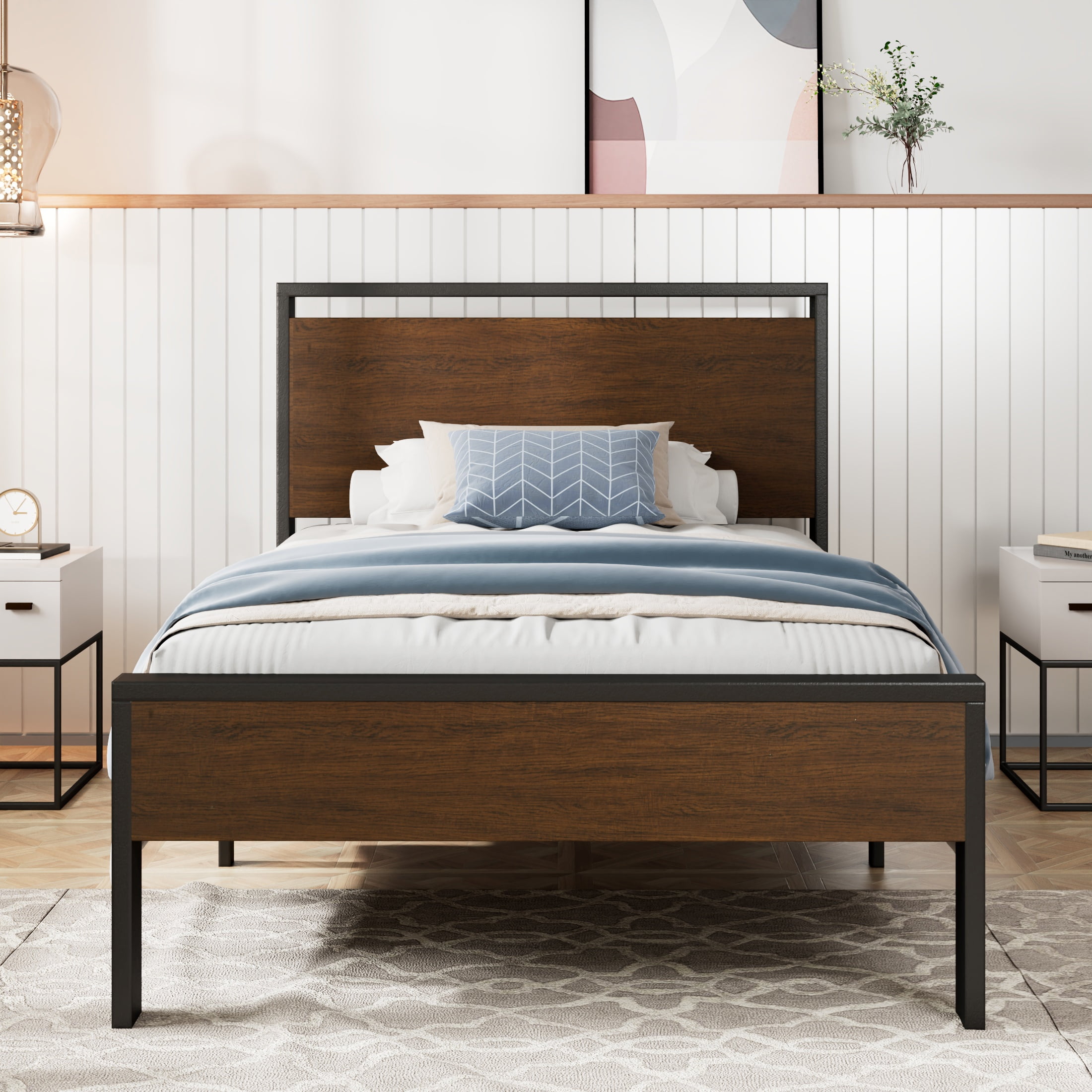 Amolife Twin Size Bed Frame, Heavy Duty Metal Platform Bed with Wooden Headboard & Footboard, No Box Spring Needed, Walnut