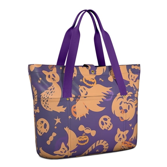 Tote Bag for Women - Halloween Spooky Icons Pattern Shoulder Bag - Large Utility Work Duffle Bag with Zipper Handbag for Travel, Work, Sprots