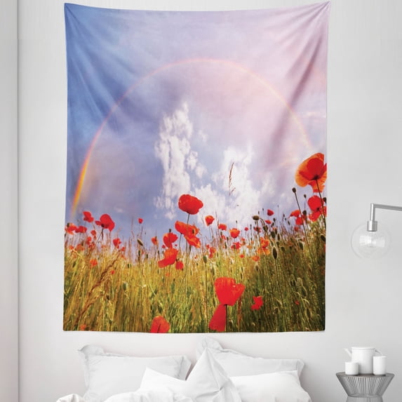 Floral Tapestry, Meadow with Poppies and Rainbow Reflection in Air Sky Happiness Concept, Fabric Wall Hanging Decor for Bedroom Living Room Dorm, 5 Sizes, Red Green Blue, by Ambesonne