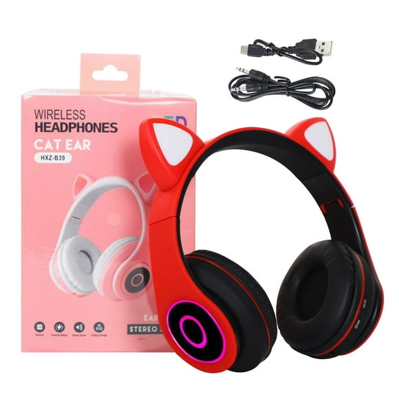 freestylehome Bluetooth 5.0 Headphone LED Flashing Light Headset Adorable Wireless Rechargeable Gaming Microphone Earphone, Red