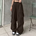 thumbnail image 2 of WULMLEO Women's Drawstring Elastic Waist Loose Pants Casual Flap Pocket Cargo Pants Trousers Brown M, 2 of 5