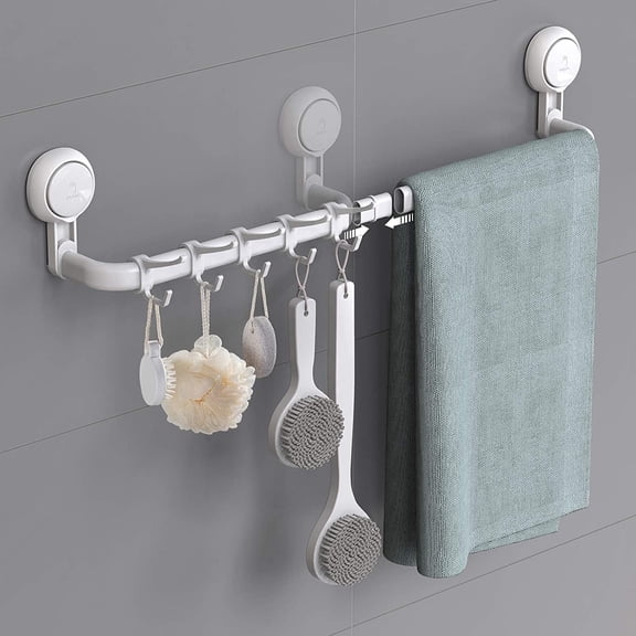 Aship Suction Cup Towel Bar, 24'' Adjustable Bathroom Towel Holder, No-Drill Removable Towel Rack with 5 Sliding Shower Hooks, Towel Racks for Bathroom, Bath Sponges, Loofahs, Suction Towel Rod