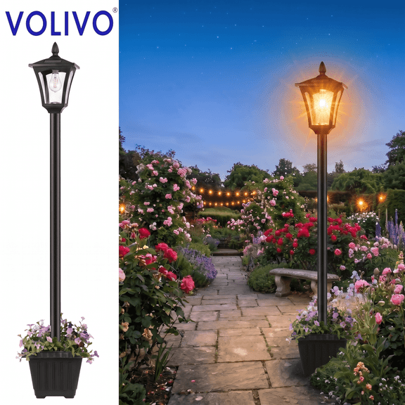 Volivo Solar Lamp Post Light with Planter 63inch, Led Blub 3000K Warm White Solar Pathway Lights Stainless Steel, Waterproof Street Lights for Garden, Porch, Walkway