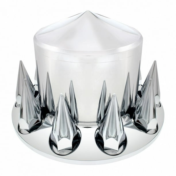 Pair Chrome Plastic Semi Truck Rear Wheel Axle Hub Covers / 33mm Thread